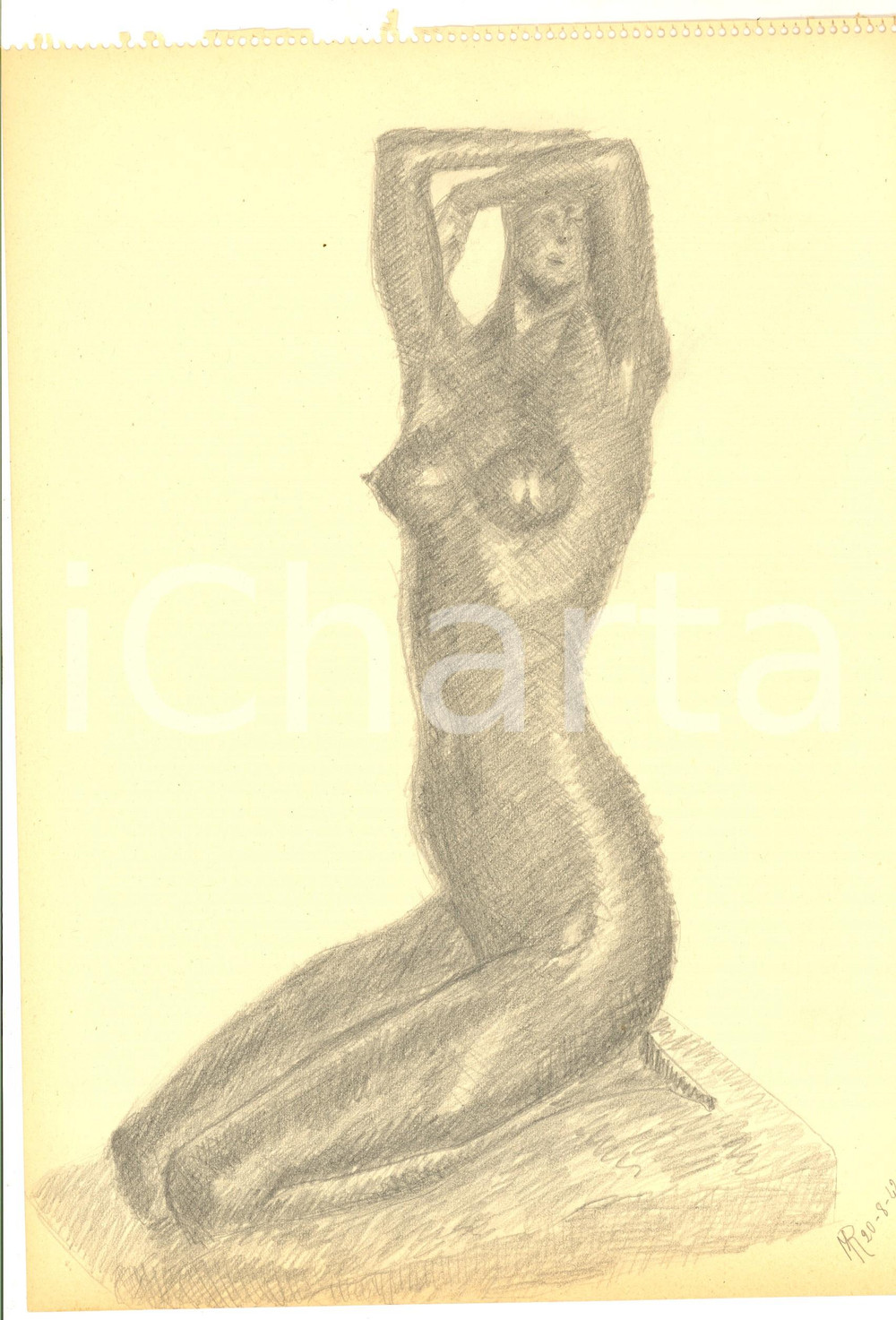 Stampa, bozzetto originale 1942 ARTE Statuetta di nudo femminile seduto Disegno a matita FIRMATO 23x31 1