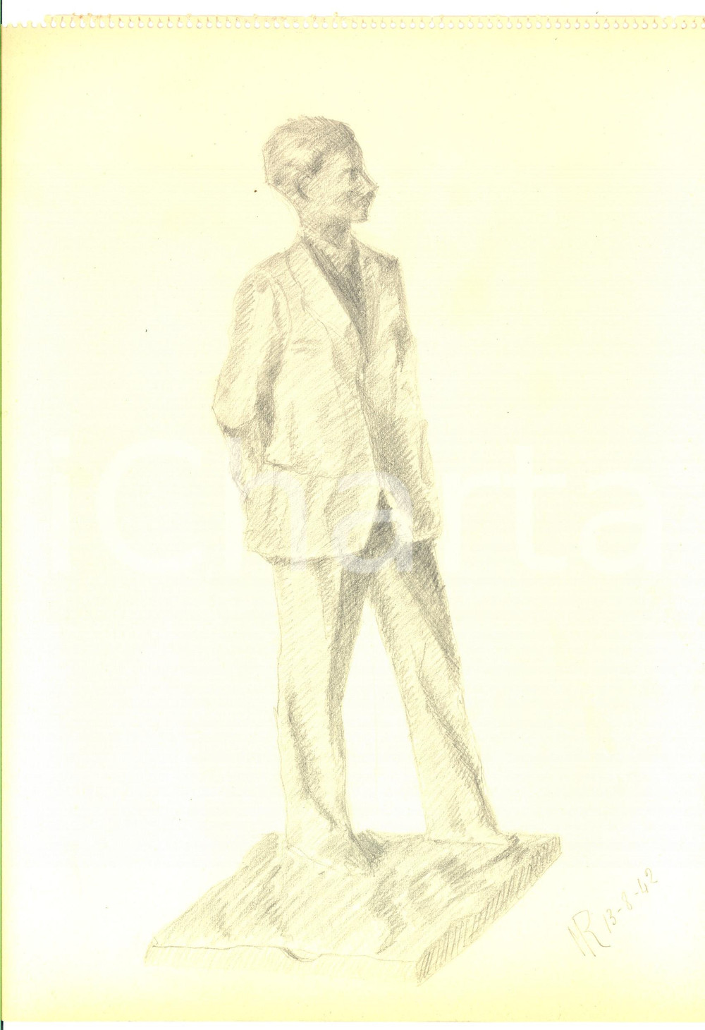 Stampa, bozzetto originale 1942 ARTE Statuetta maschile Disegno a matita FIRMATO 23x31 cm 1