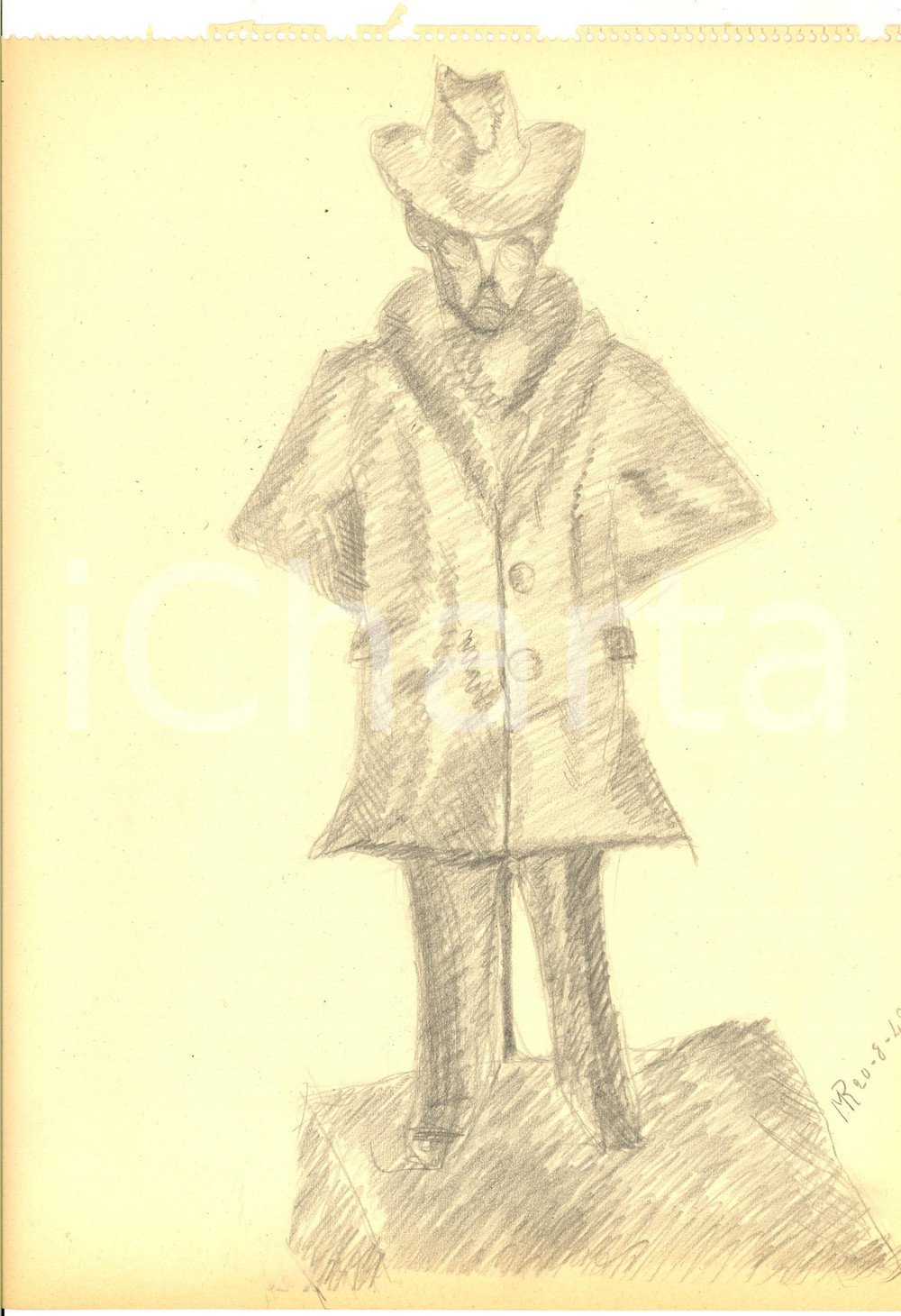 Stampa, bozzetto originale 1942 ARTE Statuetta maschile con gli occhiali Disegno a matita FIRMATO 23x31 1