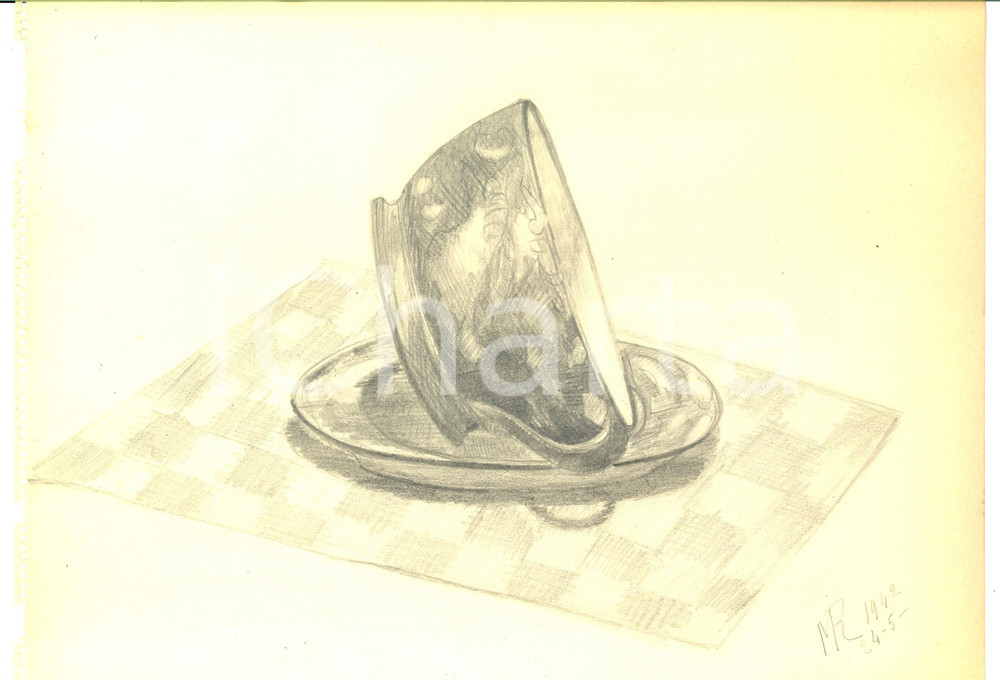 Stampa, bozzetto originale 1942 ARTE Una tazzina abbandonata Disegno a matita FIRMATO 31x23 cm 1