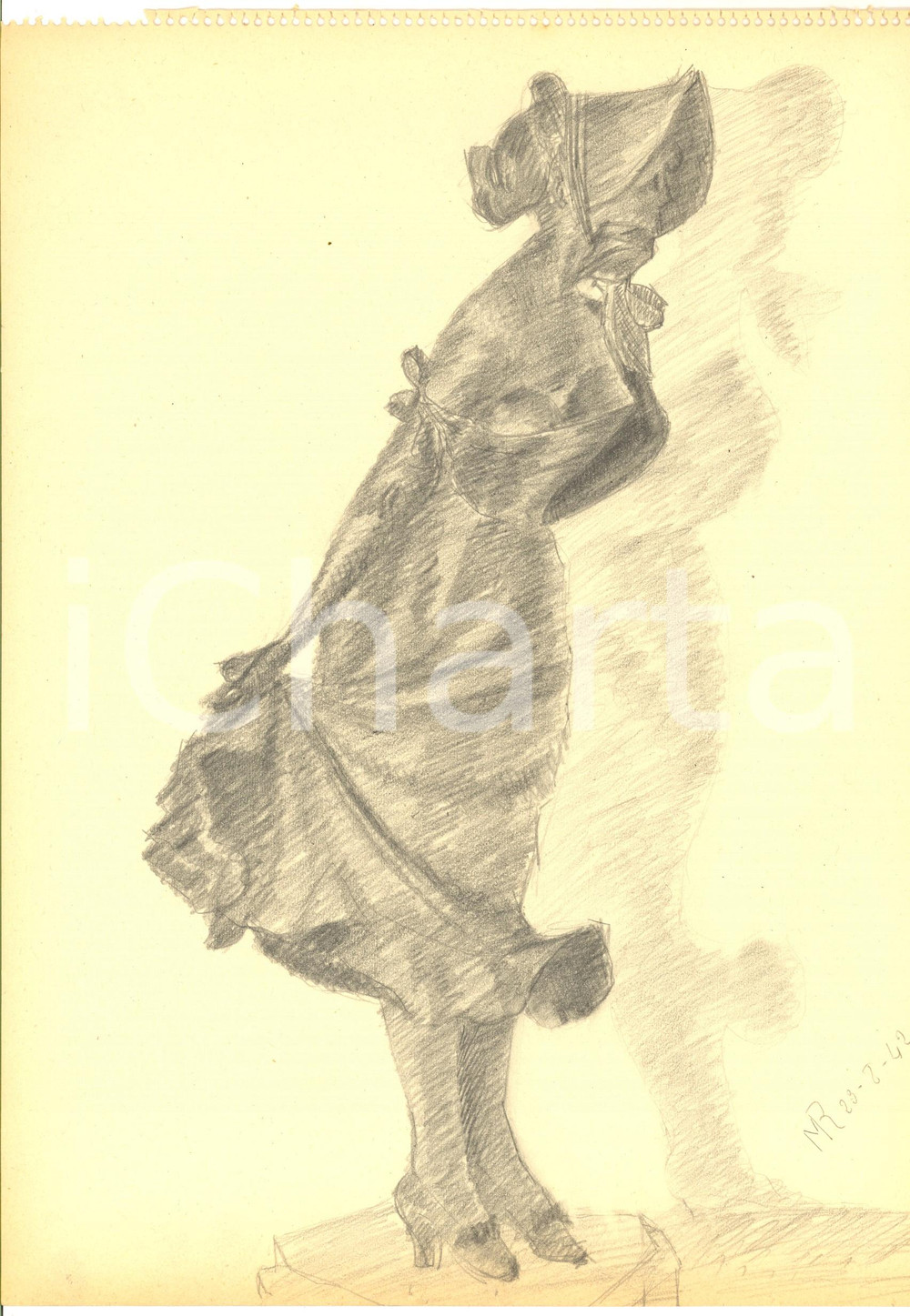 Stampa, bozzetto originale 1942 ARTE Statuetta di dama provocante Disegno a matita FIRMATO 23x31 1
