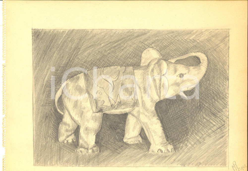 Stampa, bozzetto originale 1942 ARTE Un elefantino indiano Disegno a matita FIRMATO 31x23 cm 1