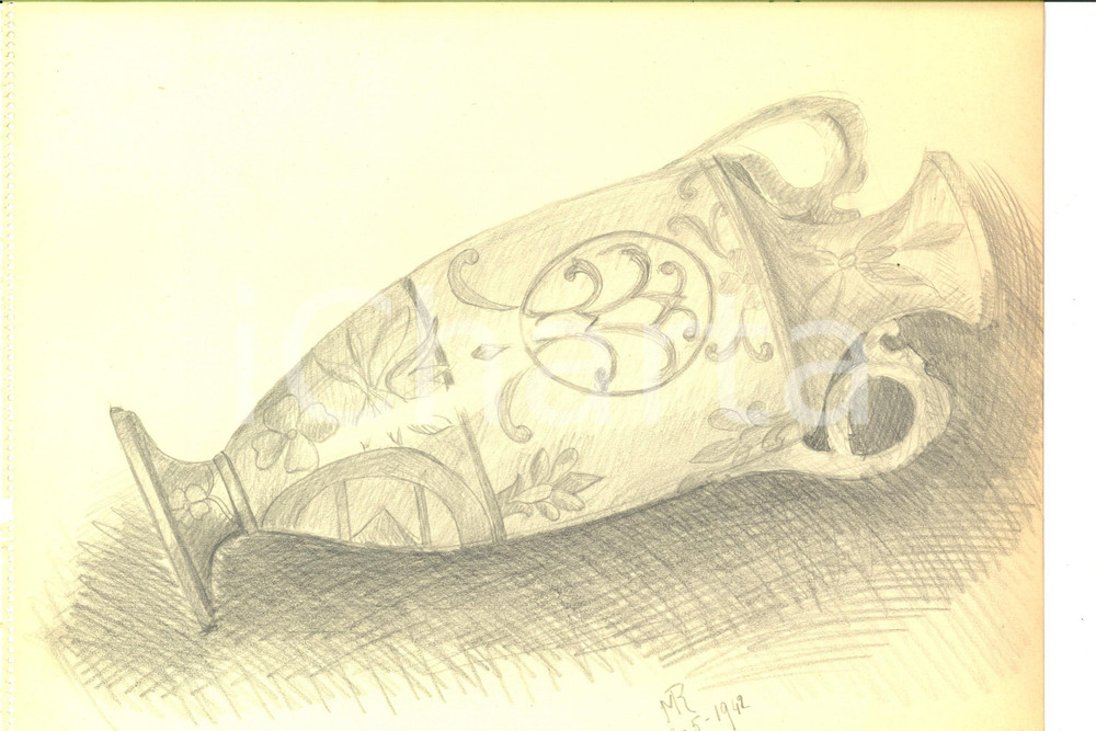 Stampa, bozzetto originale 1942 ARTE Un vaso antico Disegno a matita FIRMATO 31x23 cm 1