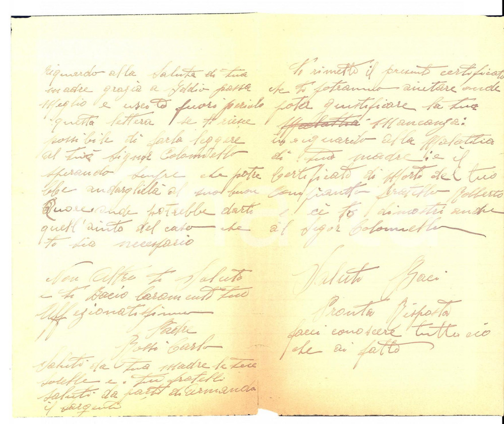 Manoscritto, lettera originale 1920 NAPOLI Carlo ROSSI annuncia la morte del figlio per malattia Lettera 1