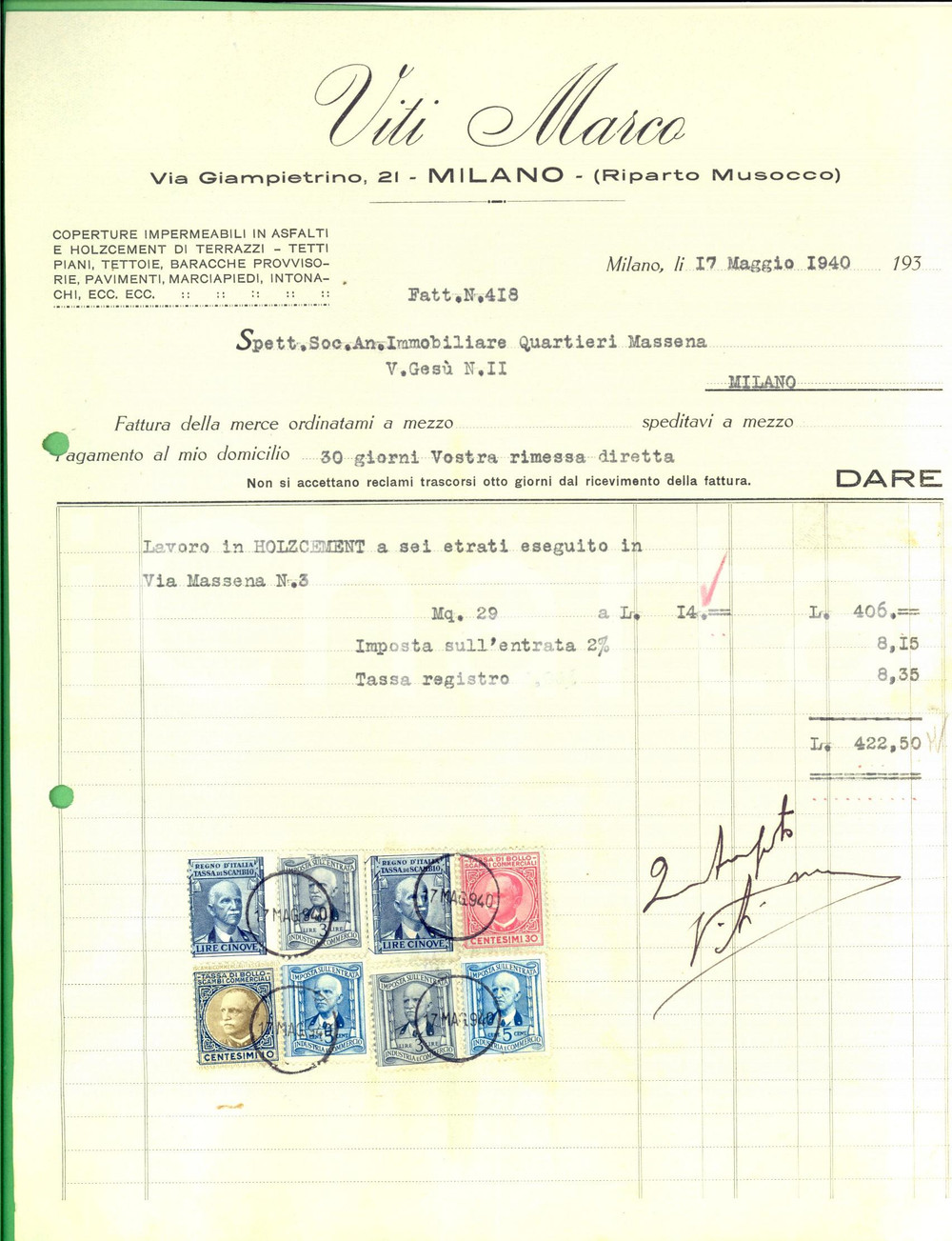 Documento originale, autentico 1940 MILANO Ditta Marco VITI Coperture di terrazzi Fattura intestata 1