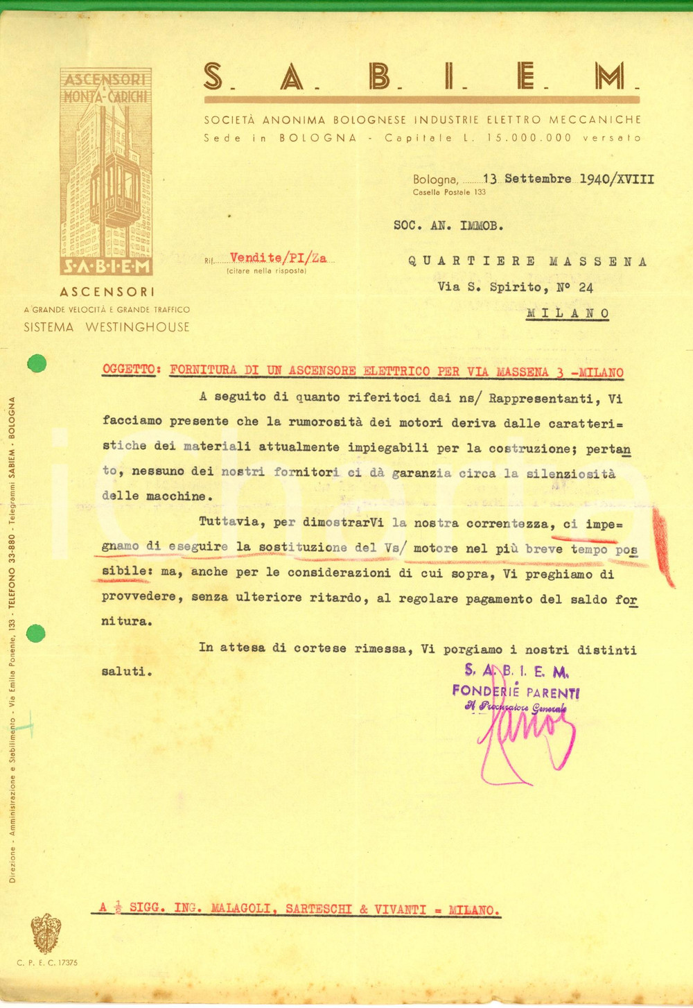 Documento originale, autentico 1940 BOLOGNA Ditta SABIEM  Lettera su un ascensore elettrico rumoroso 1