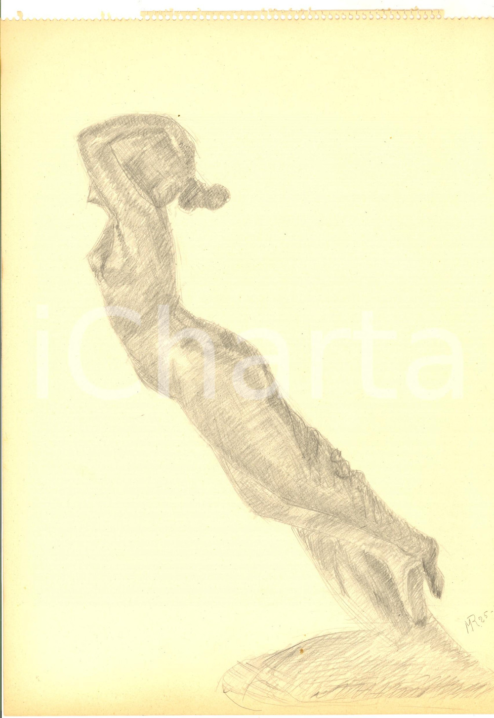 Stampa, bozzetto originale 1942 ARTE Statuetta di nudo femminile disteso Disegno a matita FIRMATO 23x31 cm 1