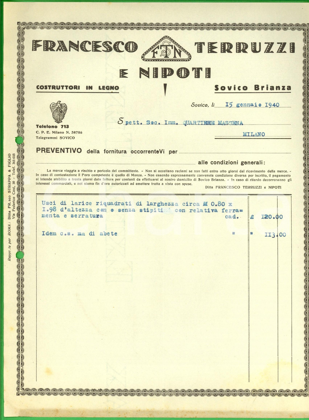 Documento originale, autentico 1940 SOVICO MB Ditta Francesco TERUZZI E NIPOTI Costruttori in legno Fattura 1