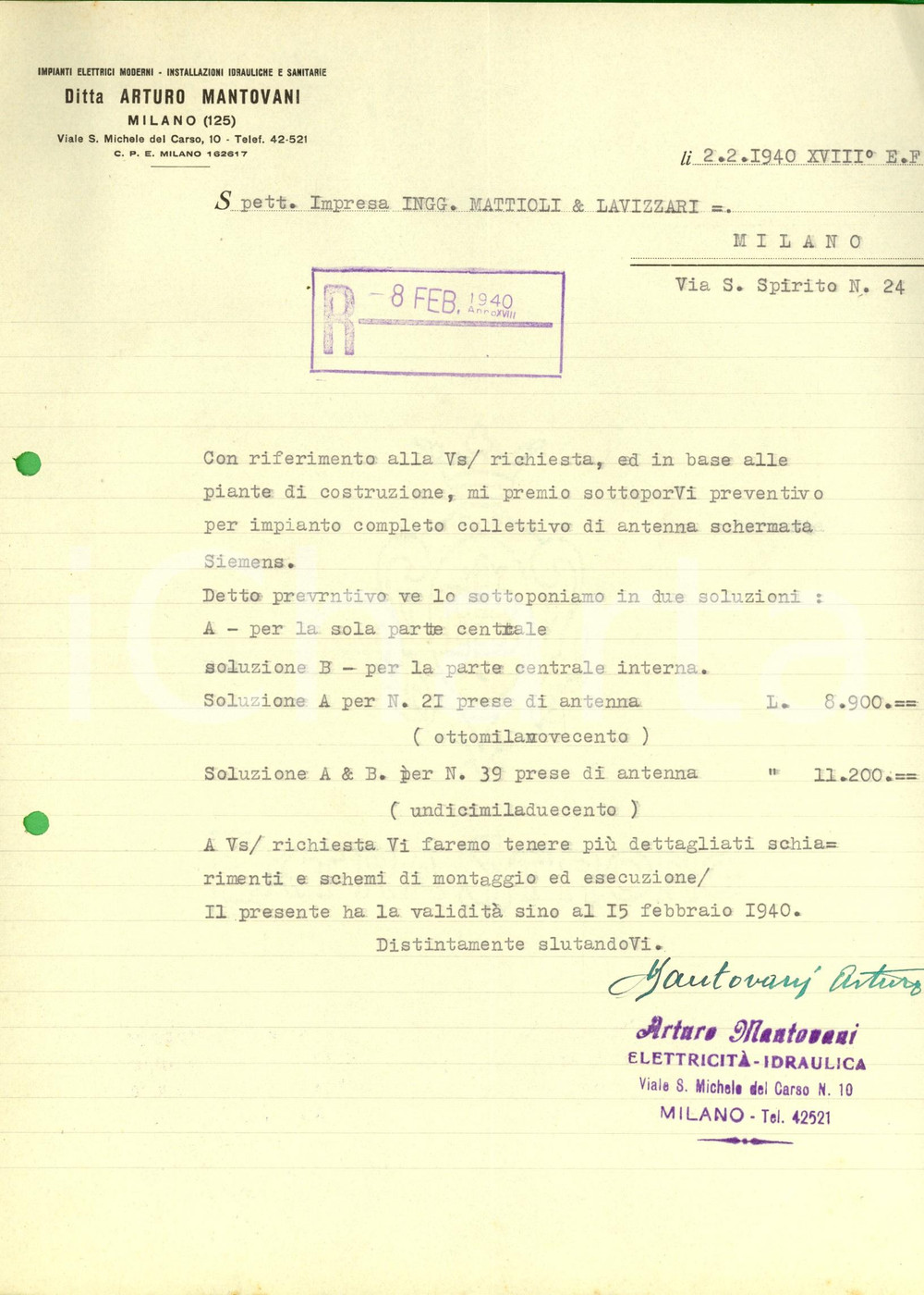 Documento originale, autentico 1940 MILANO Ditta Arturo MANTOVANI Impianti elettrici Preventivo per impianto 1