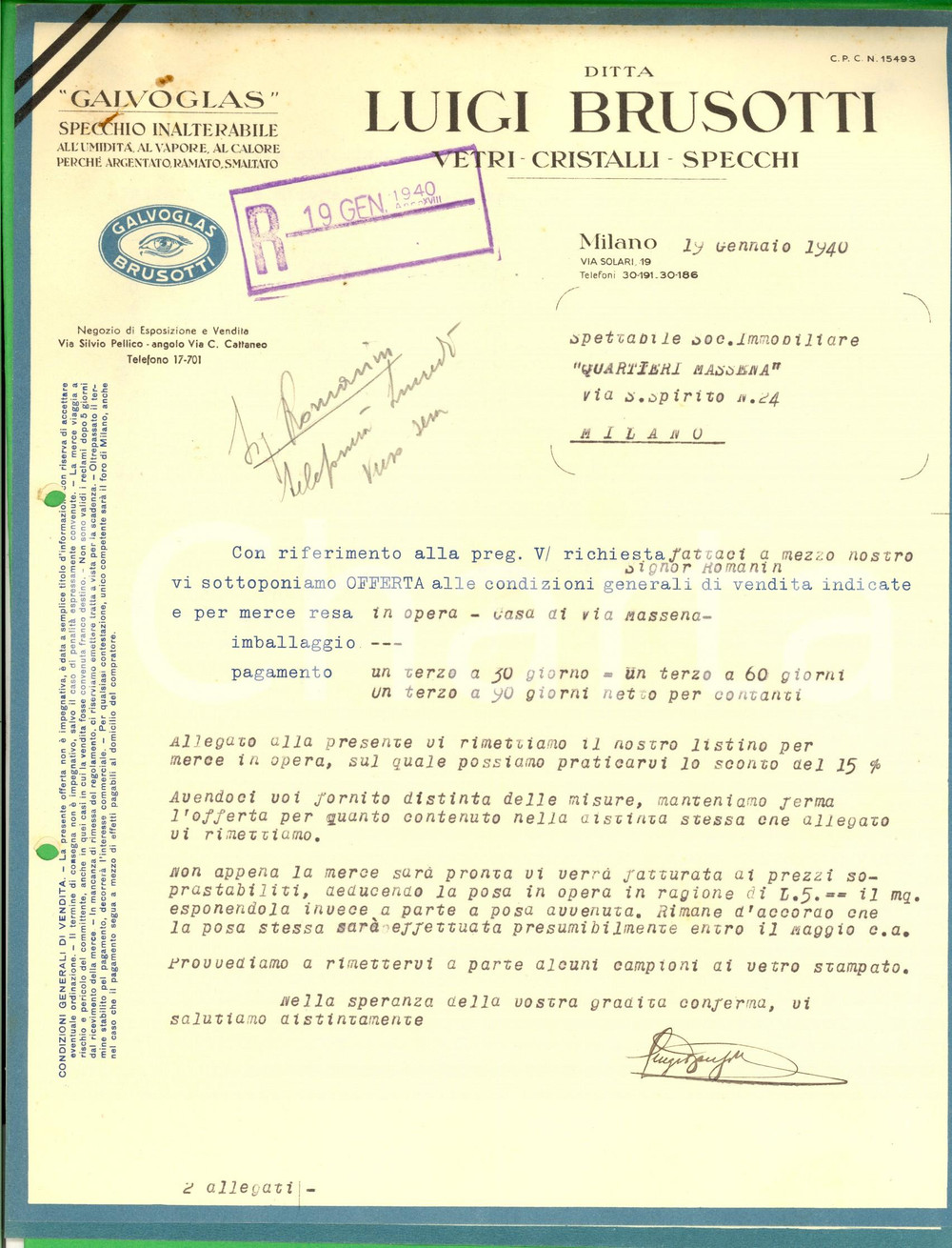 Documento originale, autentico 1940 MILANO Ditta Luigi BRUSOTTI vetri  cristalli  GALVOGLAS Preventivo 1