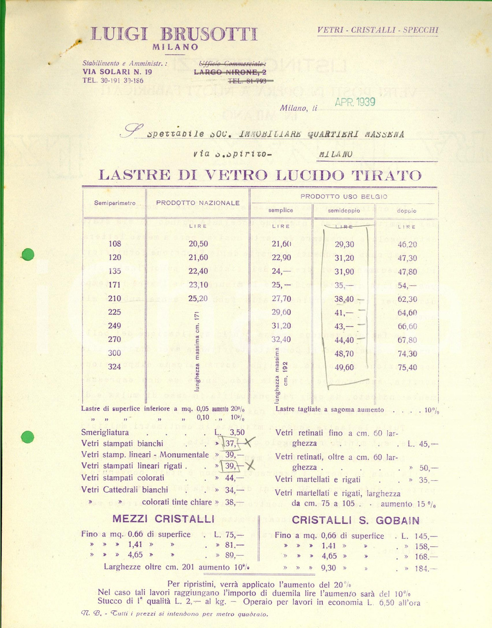 Documento originale, autentico 1939 MILANO Ditta Luigi BRUSOTTI cristalli Preventivo lastre di vetro lucido 1