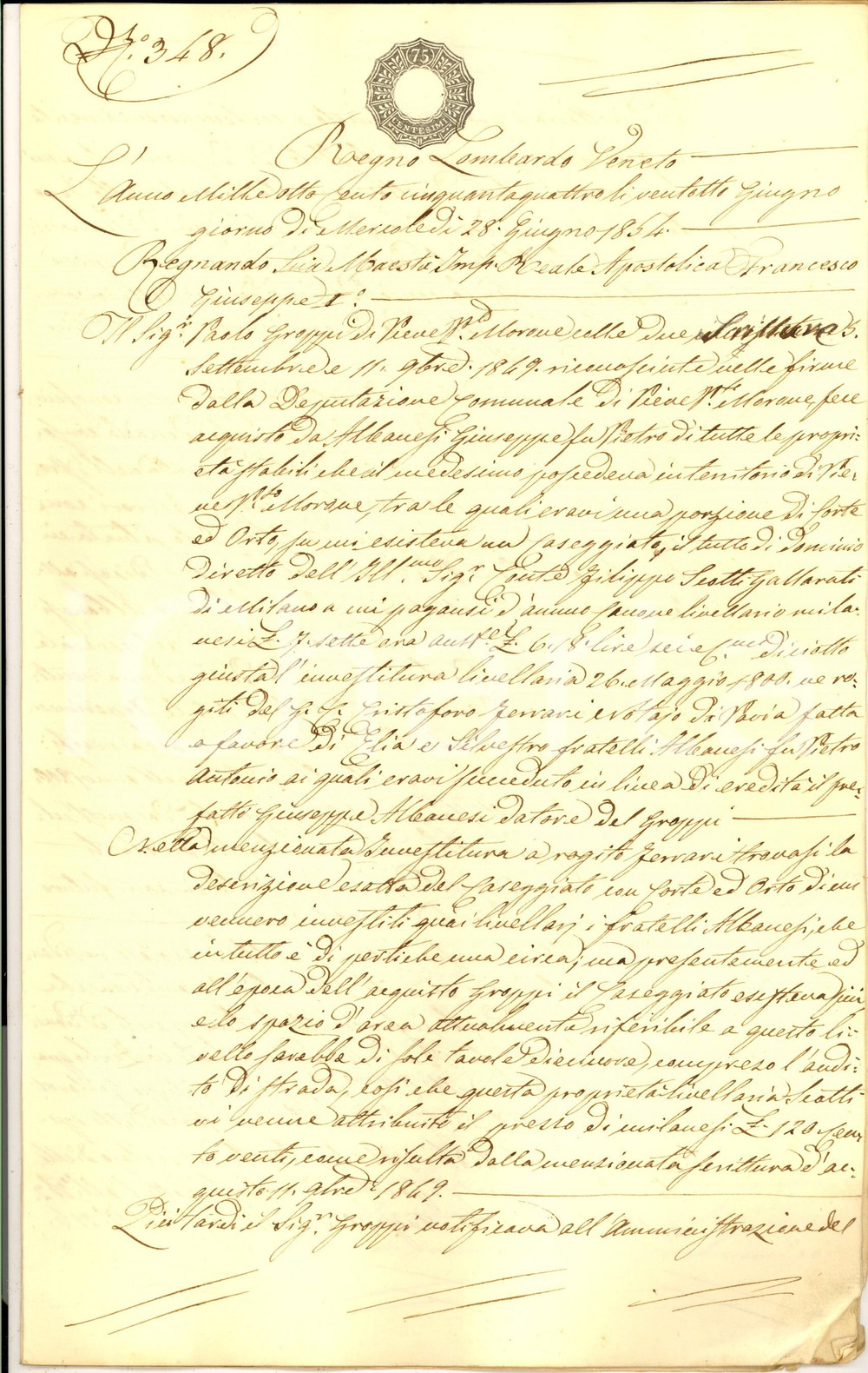 Documento originale, autentico 1854 PIEVE PORTO MORONE Conti GALLARATI SCOTTI cedono dominio a Paolo GROPPI 1