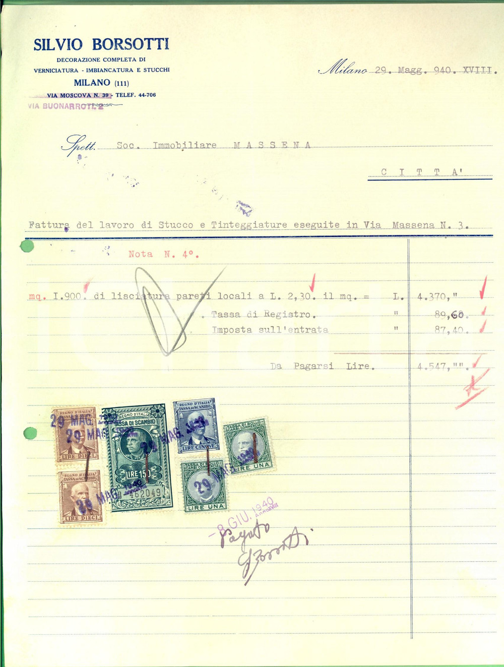 Documento originale, autentico 1940 MILANO Silvio BORSOTTI Imbiancatura e stucchi Fattura intestata 1