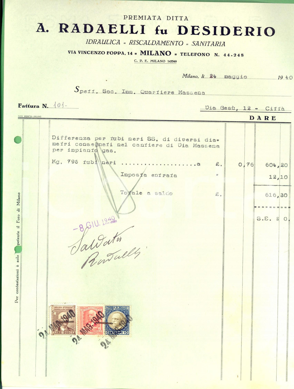 1940 MILANO Premiata ditta A. RADELLI fu Desiderio *Fattura intestata