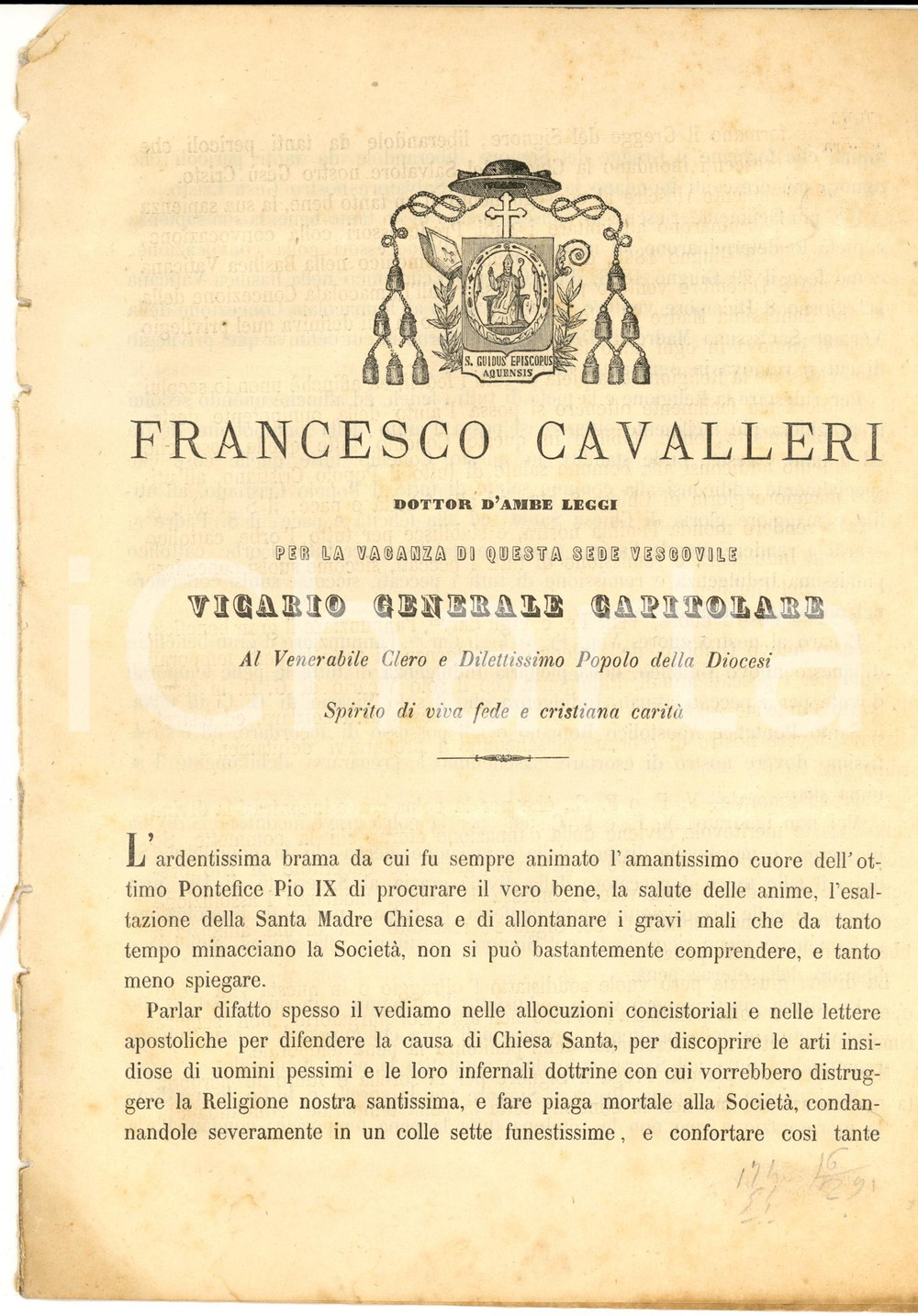 Documento originale, autentico 1869 ACQUI TERME AL Francesco CAVALLERI  Giubileo e indulgenza di papa Pio IX 1