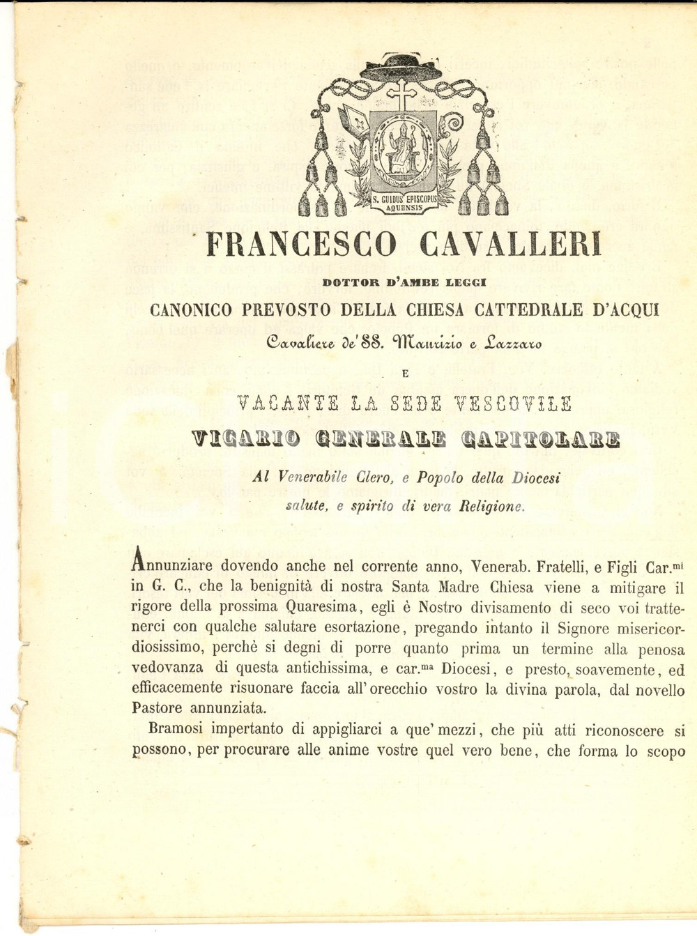 Documento originale, autentico 1869 ACQUI TERME AL Francesco CAVALLERI  Discorso per la Quaresima e indulto 1