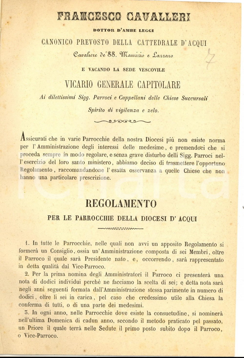 Documento originale, autentico 1869 ACQUI TERME Francesco CAVALLERI  Regolamento parrocchie della diocesi 1