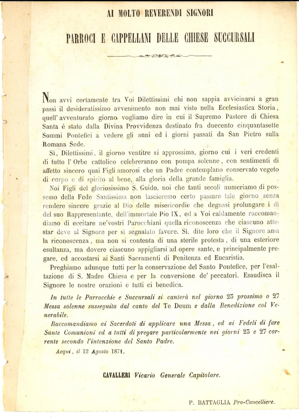 Documento originale, autentico 1871 ACQUI TERME AL Francesco CAVALLERI  Giubileo pontificale di Pio IX 1