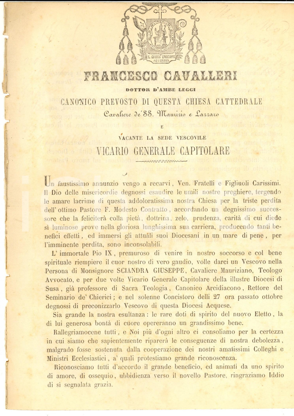Documento originale, autentico 1871 ACQUI TERME AL Francesco CAVALLERI accoglie mons. GIuseppe SCIANDRA 1