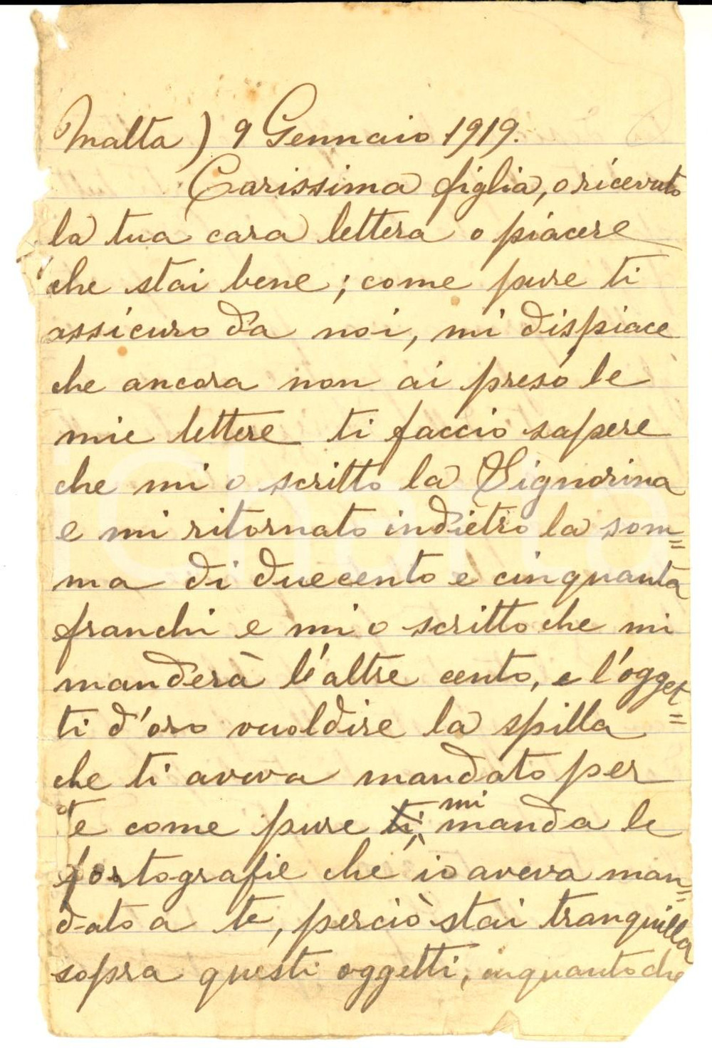 Manoscritto, lettera originale 1919 MALTA Madre promette alla figlia di partire per l America Lettera 1