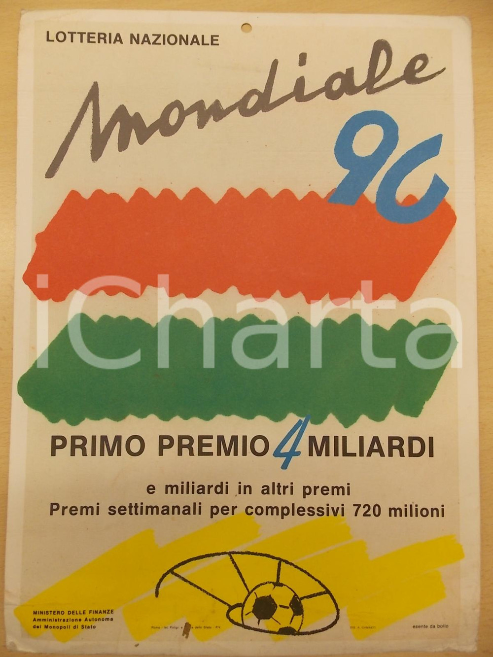 Oggetto da collezione cartaceo 1990 CALCIO MONDIALE Lotteria nazionale Locandina illustrata CAMAETI 25x35 cm 1