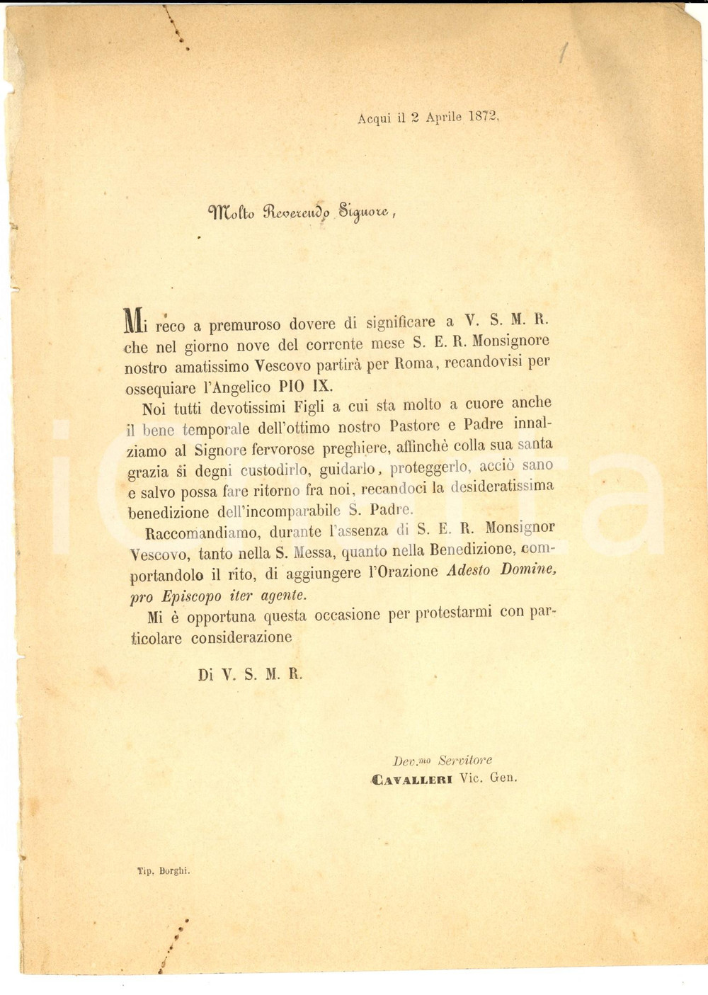 1872 ACQUI TERME Vicario Francesco CAVALLERI invita a pregare per il vescovo