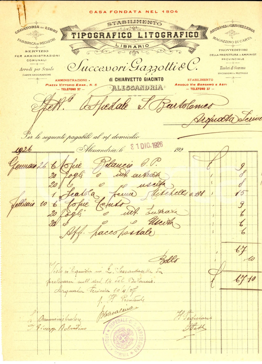 Documento originale, autentico 1926 ALESSANDRIA Stabilimento tipografico Successori GAZZOTTI Fattura 1