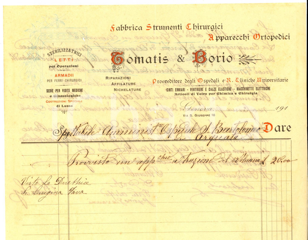 Documento originale, autentico 1910 ca GENOVA Fabbrica TOMATIS & BORIO Strumenti chirurgici Fattura 1