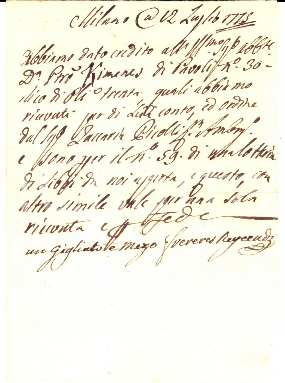 Documento originale, autentico 1775 MILANO Credito a Zaccaria PIROLLI per una lotteria di libri Ricevuta 1