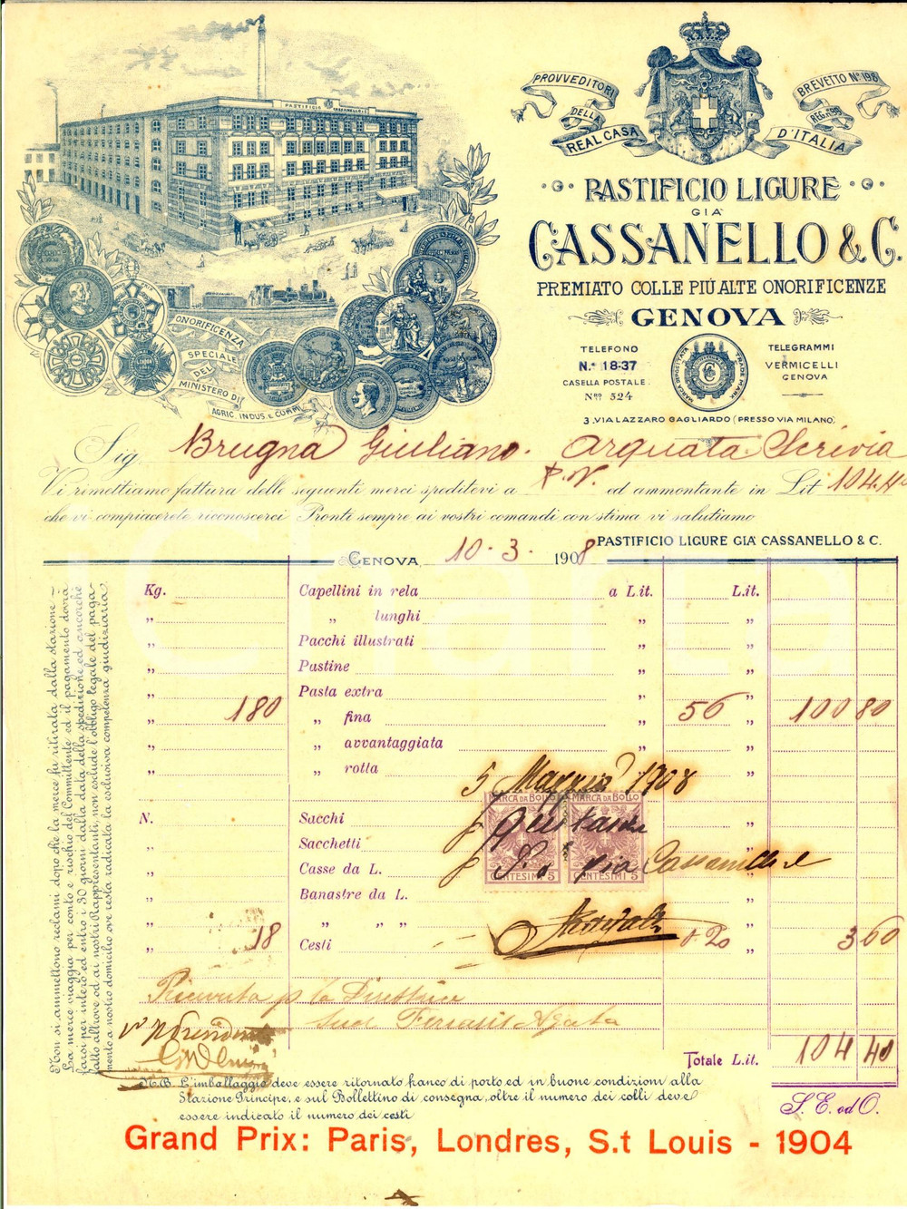 Documento originale, autentico 1908 GENOVA Pastificio ligure già  CASSANELLO & C. Fattura intestata 1