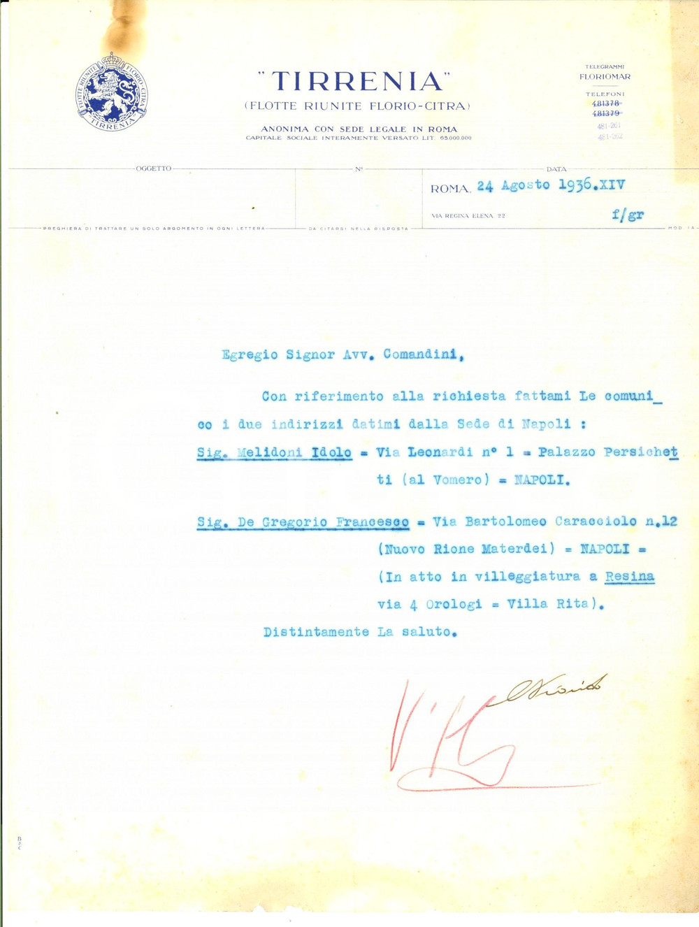 Manoscritto, lettera originale 1936 ROMA TIRRENIA Flotte Riunite FLORIOCITRA Comunicazione indirizzi clienti 1