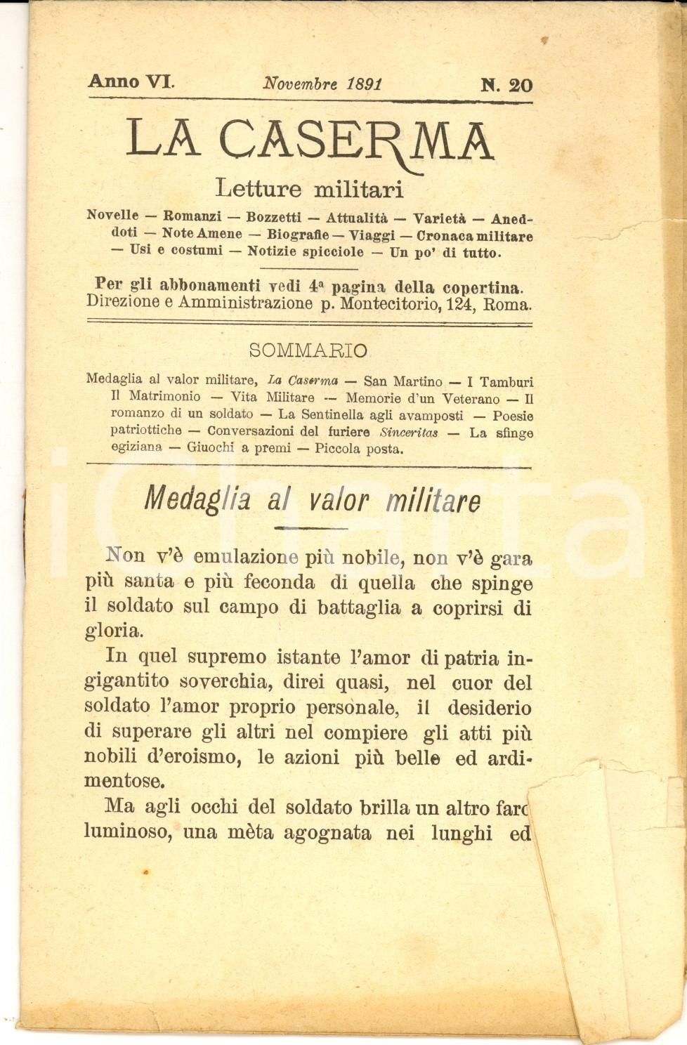 Giornale, rivista storica 1891 LA CASERMA Medaglia al valore Rivista di letture militari anno VI n° 20 1