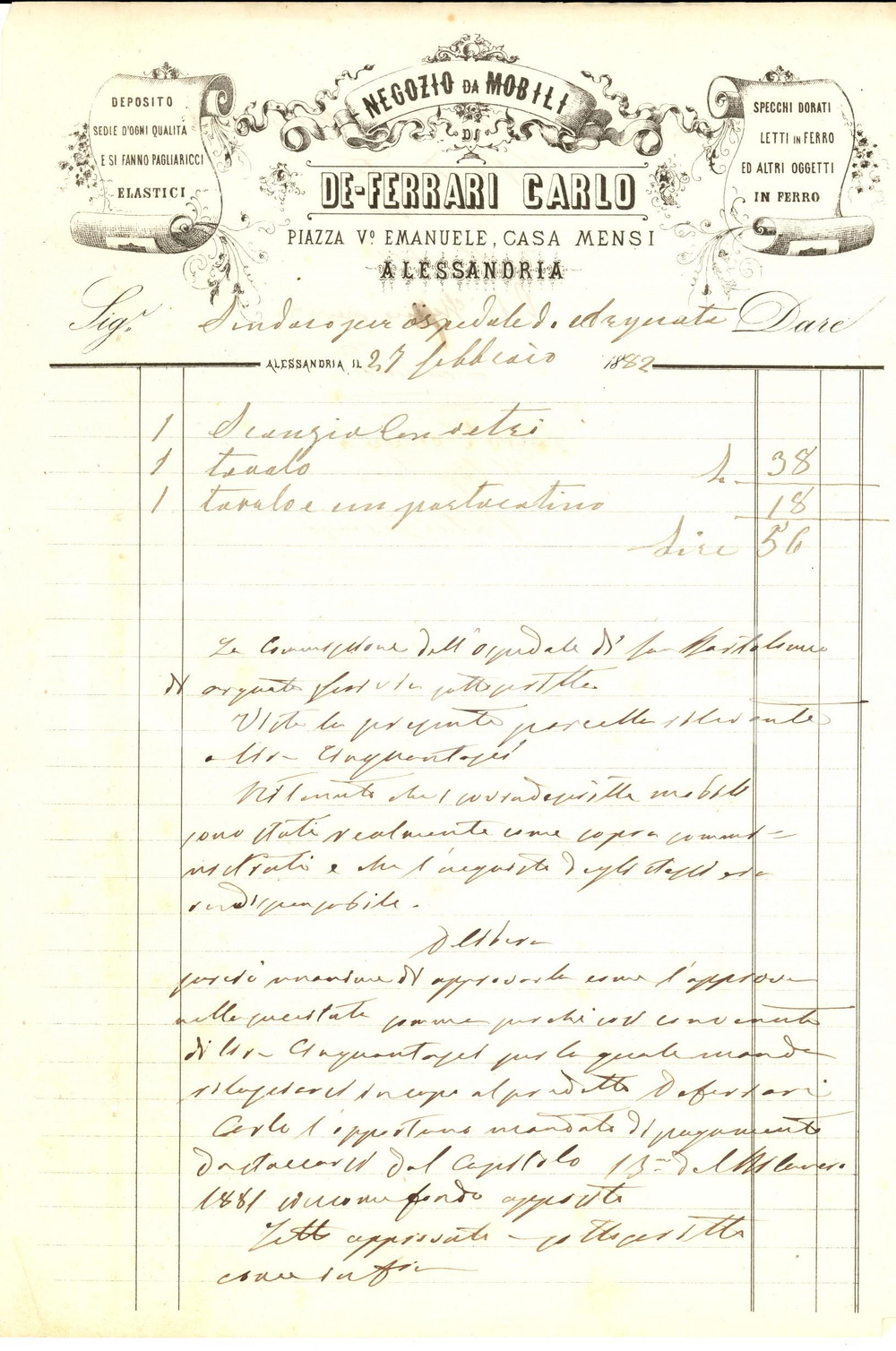 Documento originale, autentico 1882 ALESSANDRIA Negozio Carlo DE FERRARI mobili Fattura intestata 1