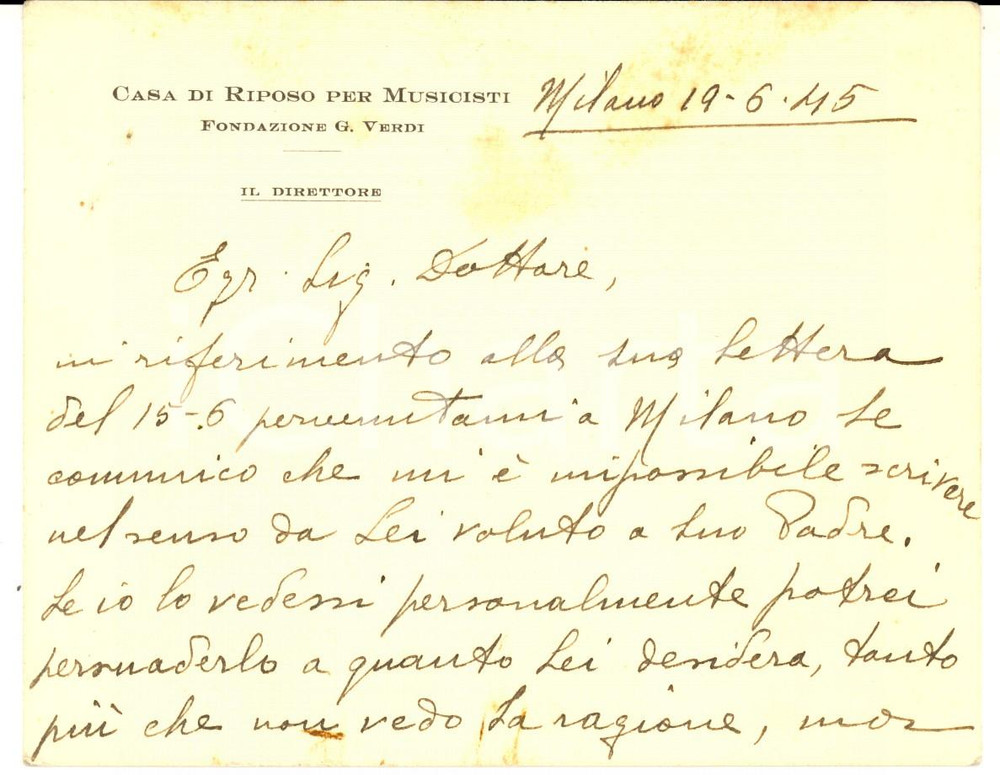 Manoscritto, lettera originale 1945 MILANO Casa di riposo per musicisti VERDI Biglietto direttore su ex ospite 1