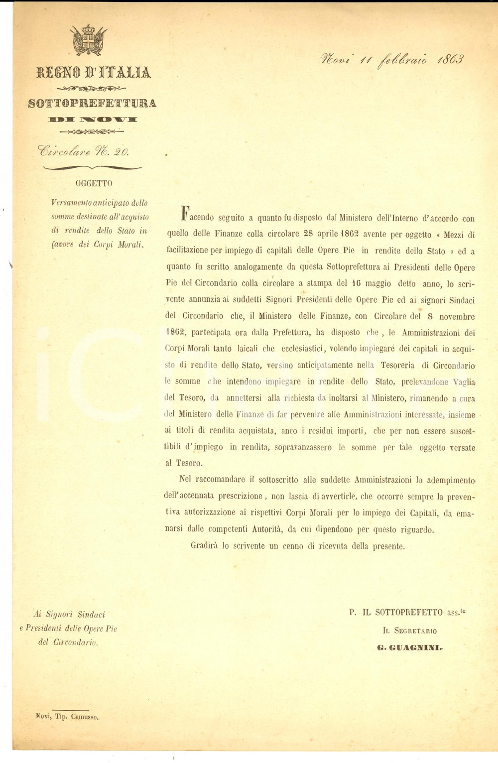 Documento originale, autentico 1863 NOVI LIGURE Versamento per acquisto rendite dello Stato pro Corpi Morali 1