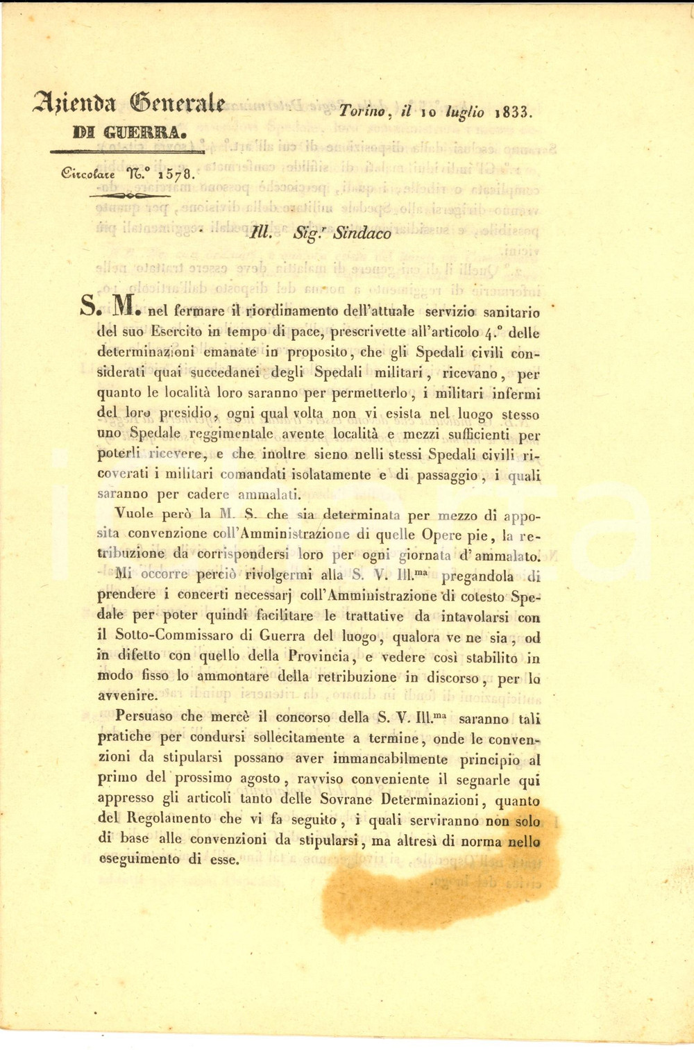 Documento originale, autentico 1833 TORINO Retribuzione alle Opere Pie per gli ammalati ospitati Lettera 1