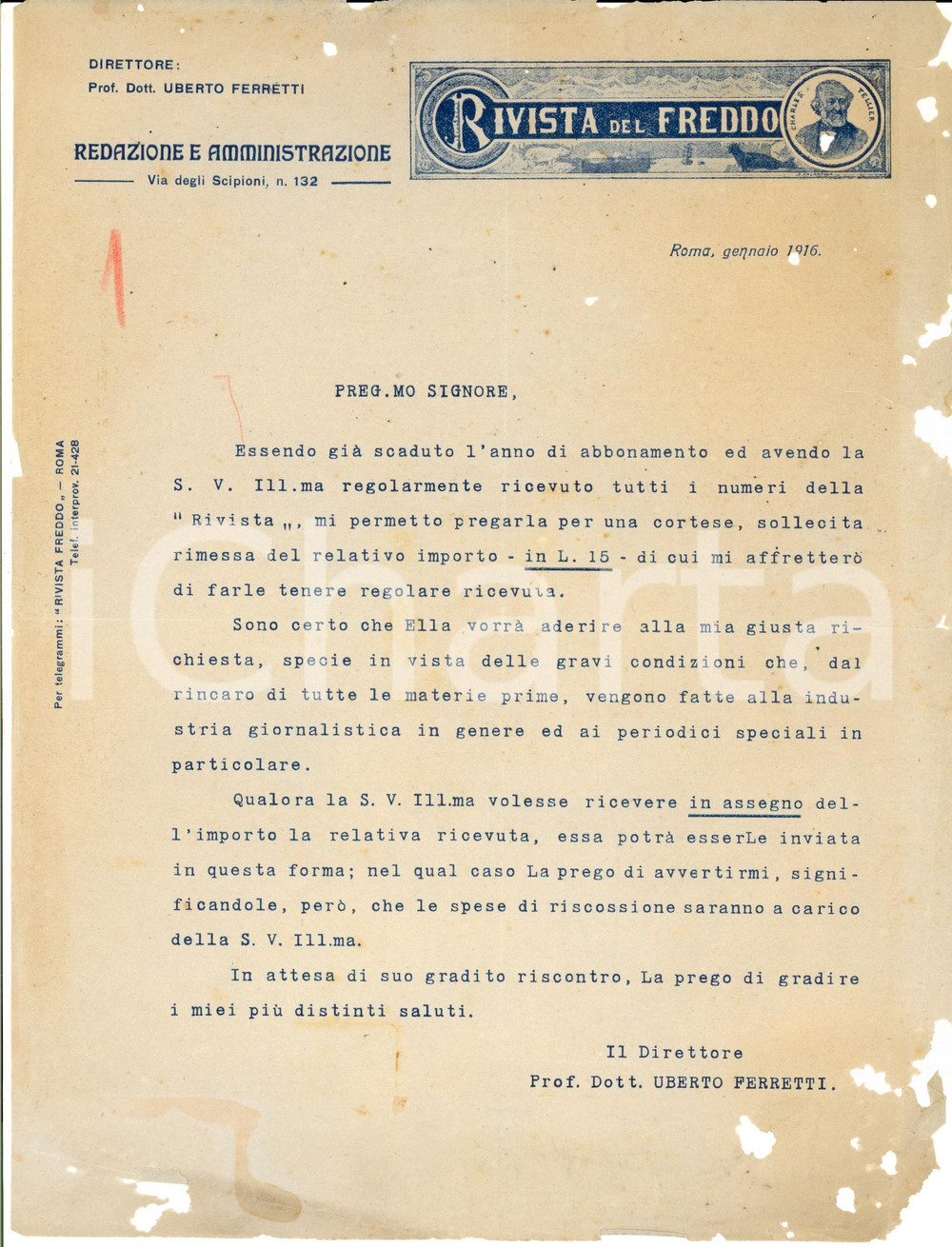 Documento originale, autentico 1916 ROMA RIVISTA DEL FREDDO Lettera per il rinnovo dell abbonamento 1