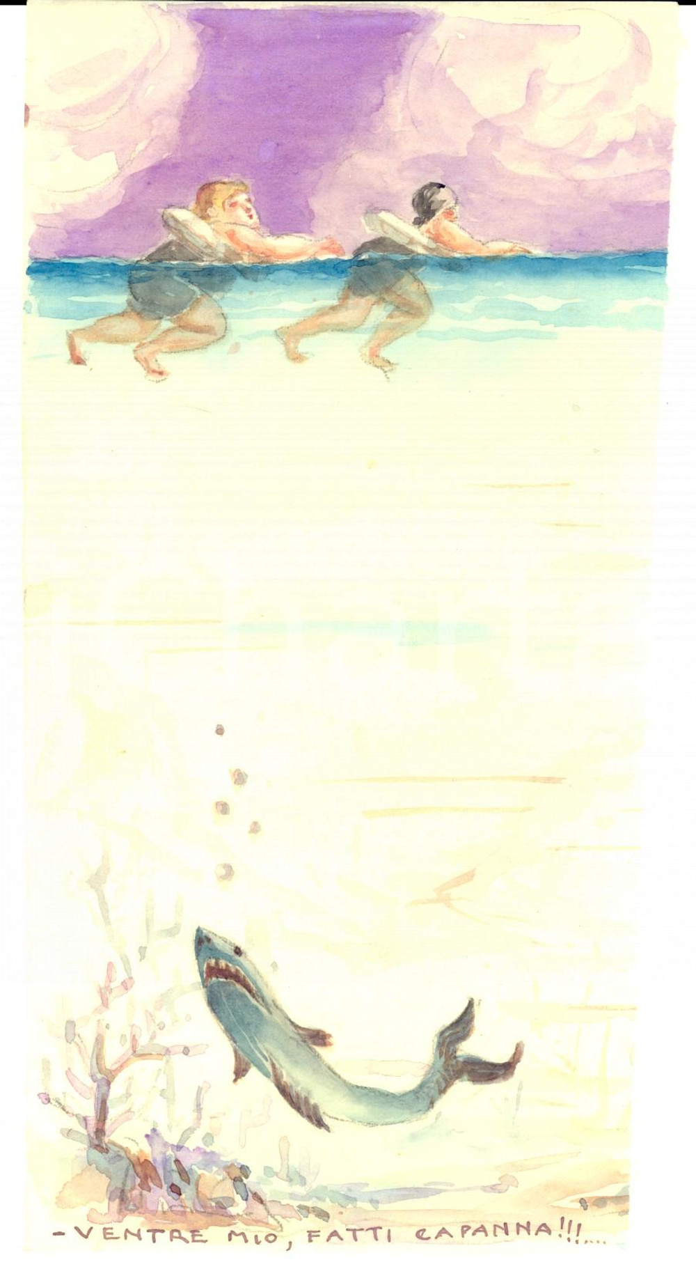 Stampa, bozzetto originale 1930 ca ARTE Ventre mio, fatti capanna!! Acquerello SATIRICO su carta 11x20 cm 1