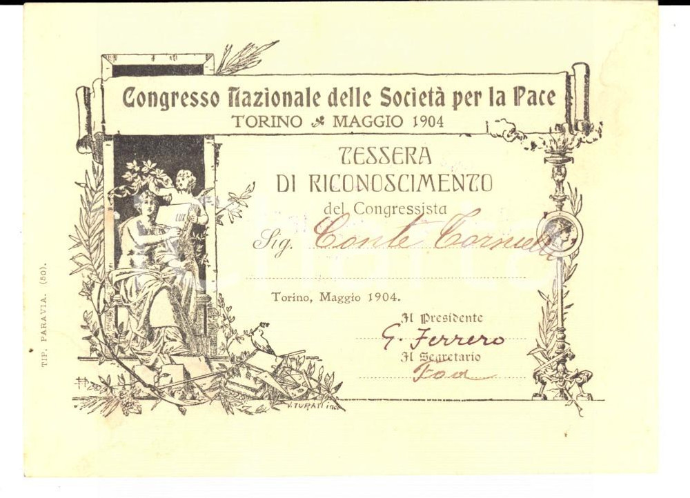 Oggetto da collezione cartaceo 1904 TORINO Congresso nazionale SOCIETA  PER LA PACE Tessera riconoscimento 1