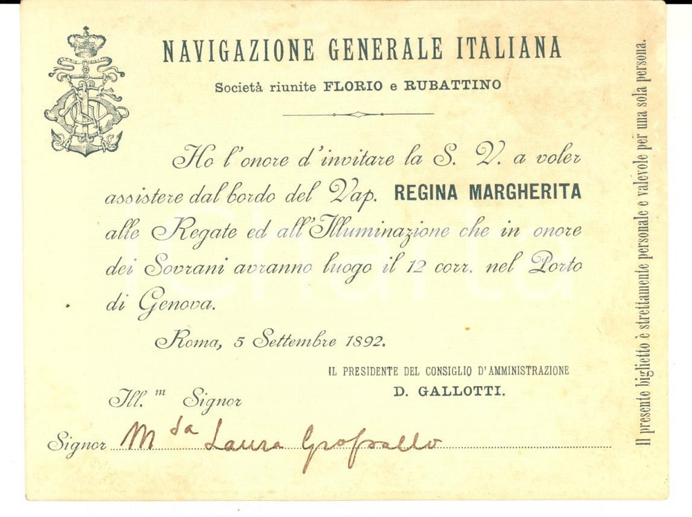 Documento originale, autentico 1892 GENOVA NAVIGAZIONE GENERALE ITALIANA Invito regate in onore dei sovrani 1