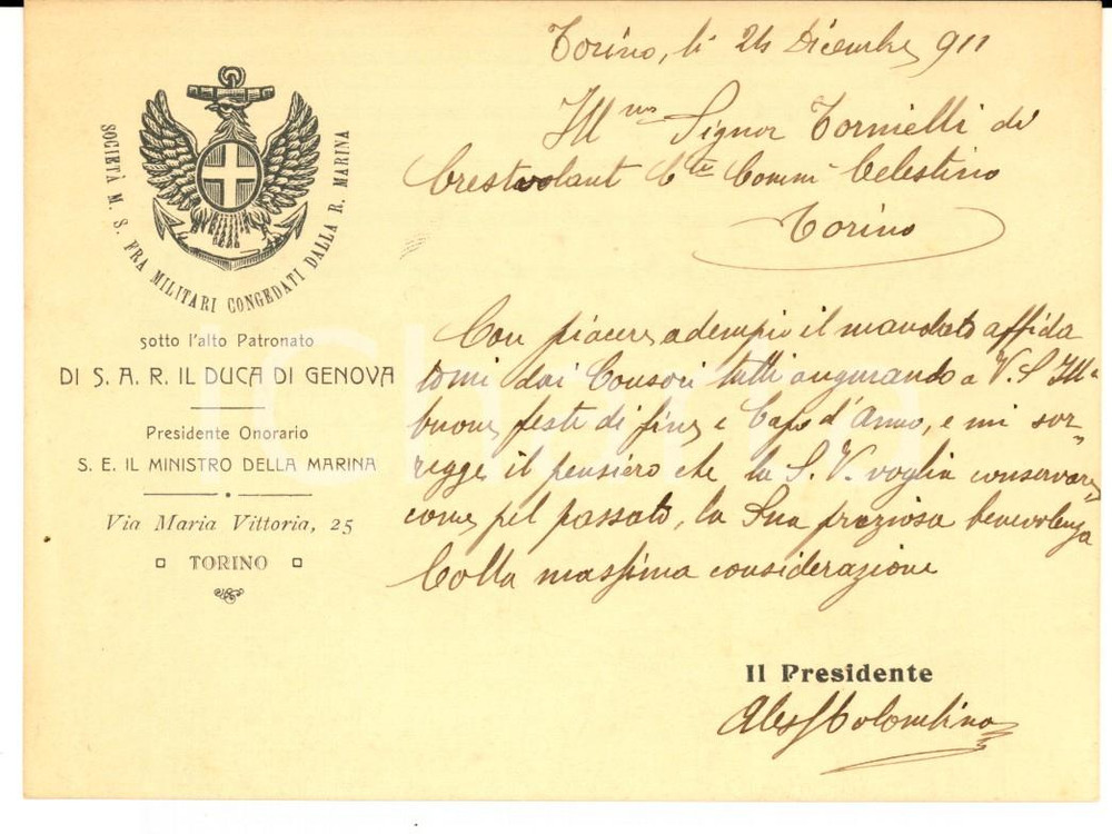 Documento originale, autentico 1911 TORINO Società  Mutuo Soccorso Militari Congedati REGIA MARINA Biglietto 1