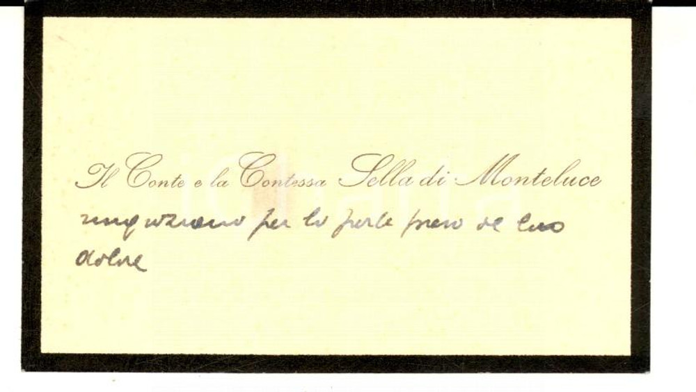 Documento originale, autentico 1900 ca Biglietto conte e contessa SELLA DI MONTELUCE listato a lutto AUTOGRAFO 1