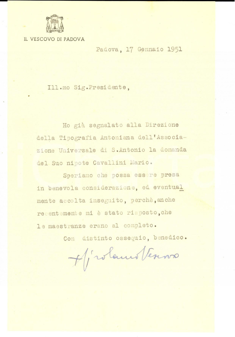 Autografo originale 1951 PADOVA Lettera del vescovo mons. Girolamo Bartolomeo BORTIGNON Autografo 1