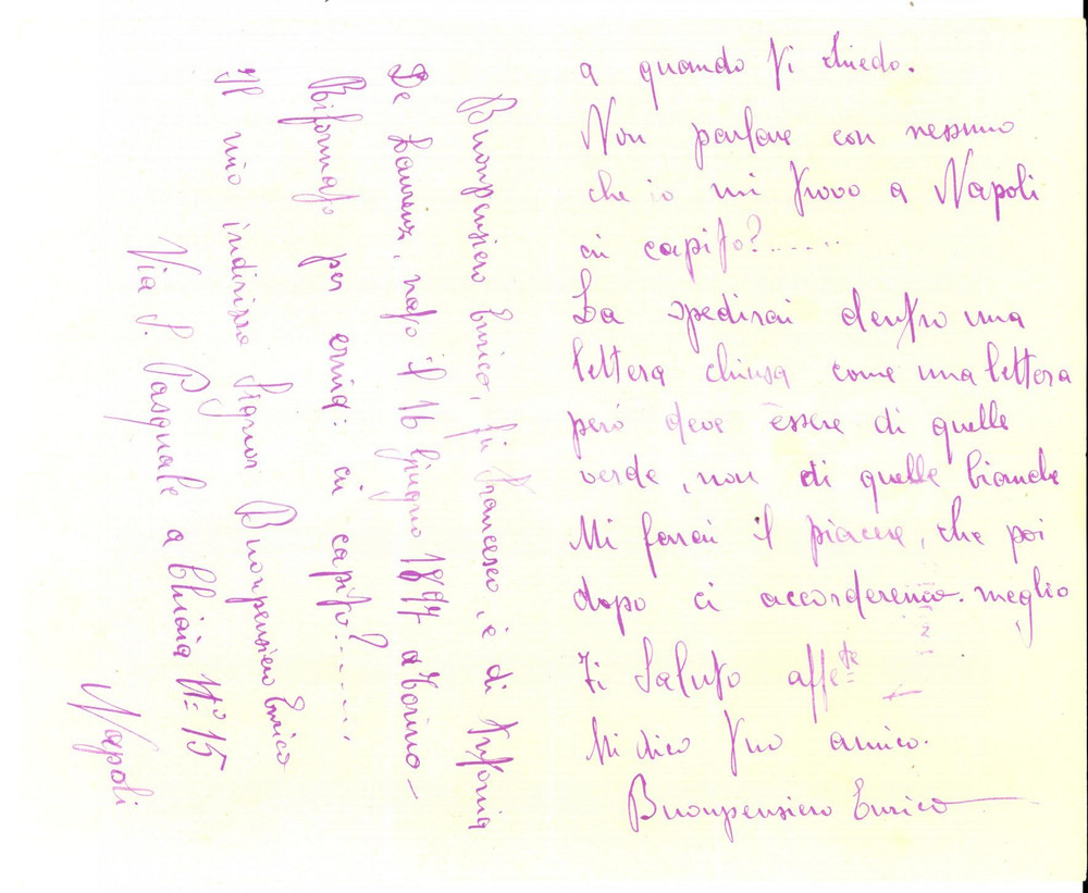 Manoscritto, lettera originale 1919 NAPOLI Enrico BUONPENSIERO cerca licenza illimitata come inabile Lettera 1