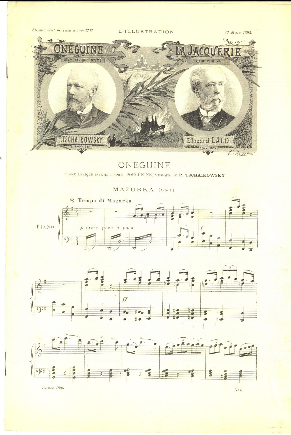 Oggetto da collezione cartaceo 1895 ONEGUINE Tchaikovsky  Mazurka Spartito L ILLUSTRATION nÂ° 2717 1