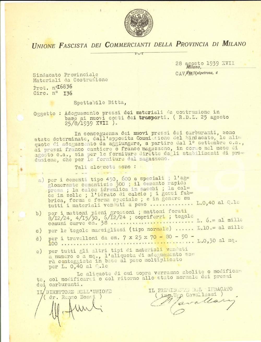 Documento originale, autentico 1939 MILANO Unione Fascista Commercianti  Nuovi prezzi materiali da costruzione 1