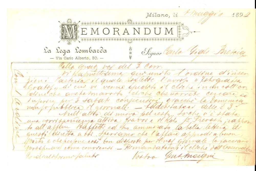 Manoscritto, lettera originale 1890 MILANO LA LEGA LOMBARDA Memorandum al giornalista Carlo GIGLI 1
