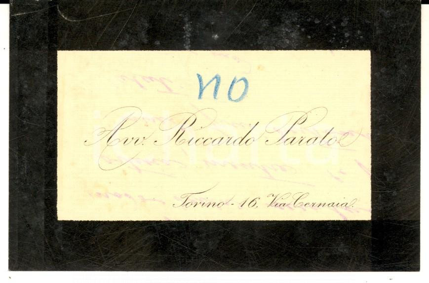 Documento originale, autentico 1908 TORINO Avv. Riccardo PARATO  Biglietto da visita con note autografe 1