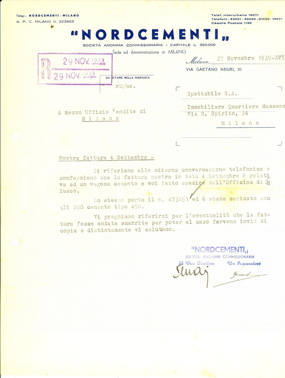 Documento originale, autentico 1939 MILANO SocietÃ  Anonima Commissionaria NORDCEMENTI Lettera commerciale 1