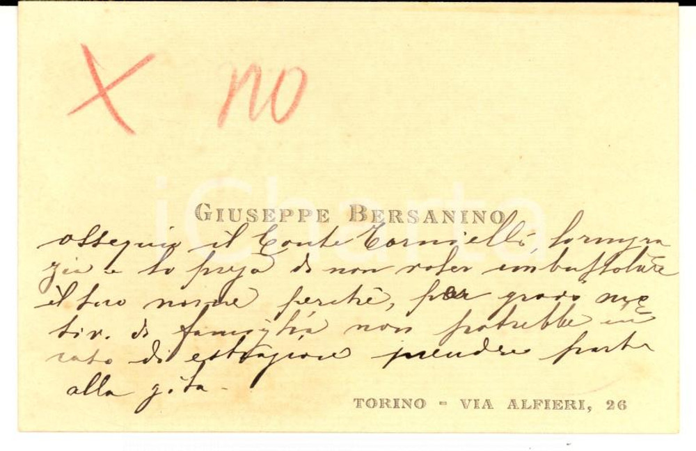 Documento originale, autentico 1908 TORINO Giuseppe BERSANINO Biglietto da visita con note autografe 1